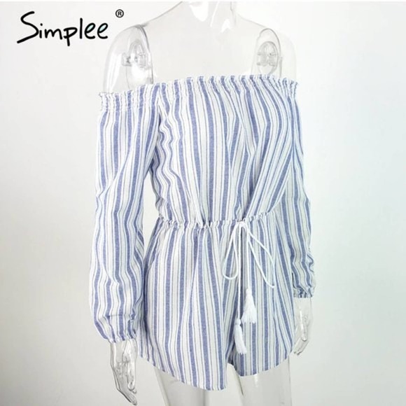 ⤵️🆕 Simplee Sexy off shoulder blue striped jumpsuit - Picture 4 of 10